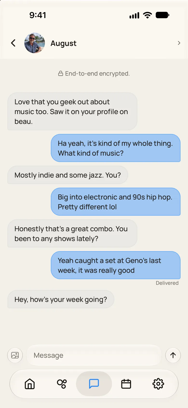 An end-to-end encrypted chat with Marcus about music and shows.