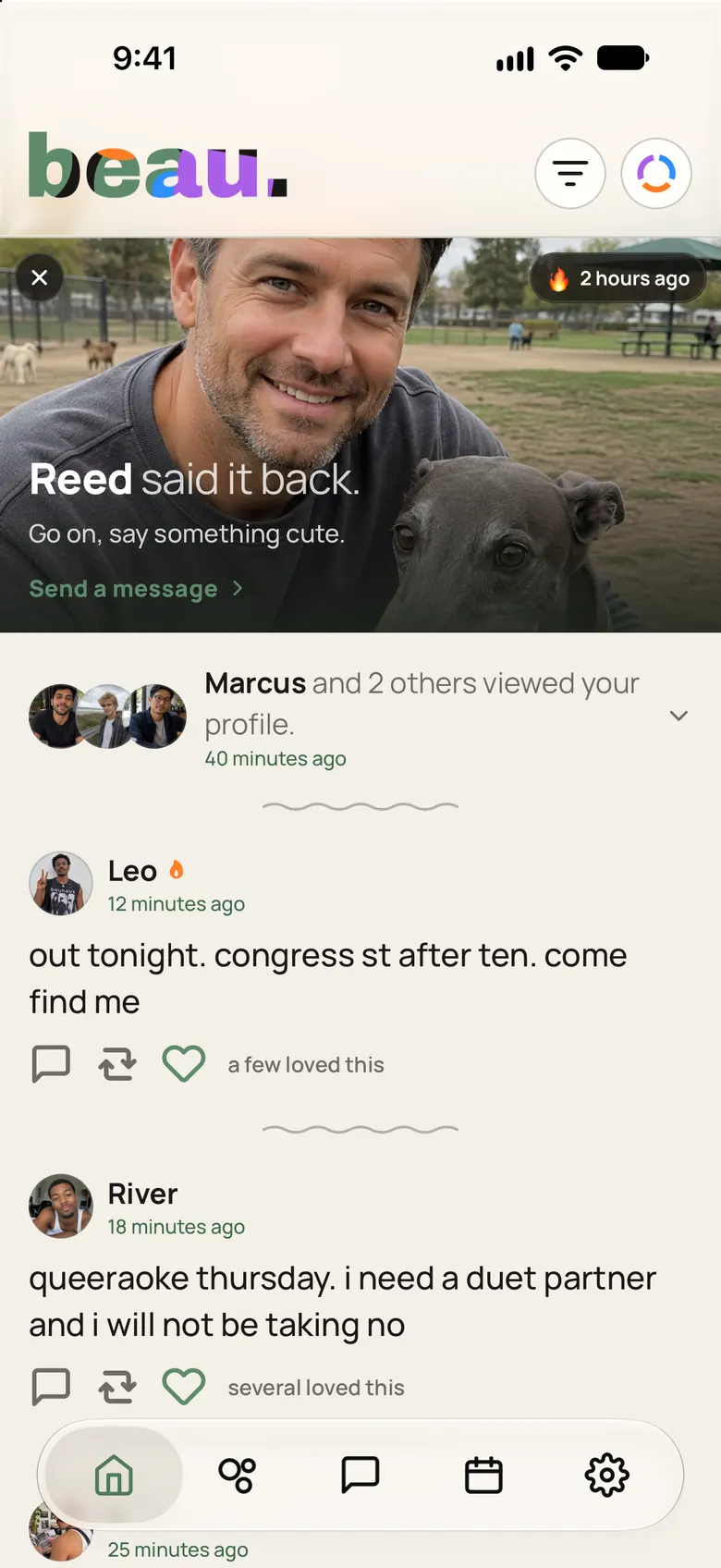 The beau. feed: Reed said it back, a note about who viewed your profile, and Leo posting that he is out tonight.