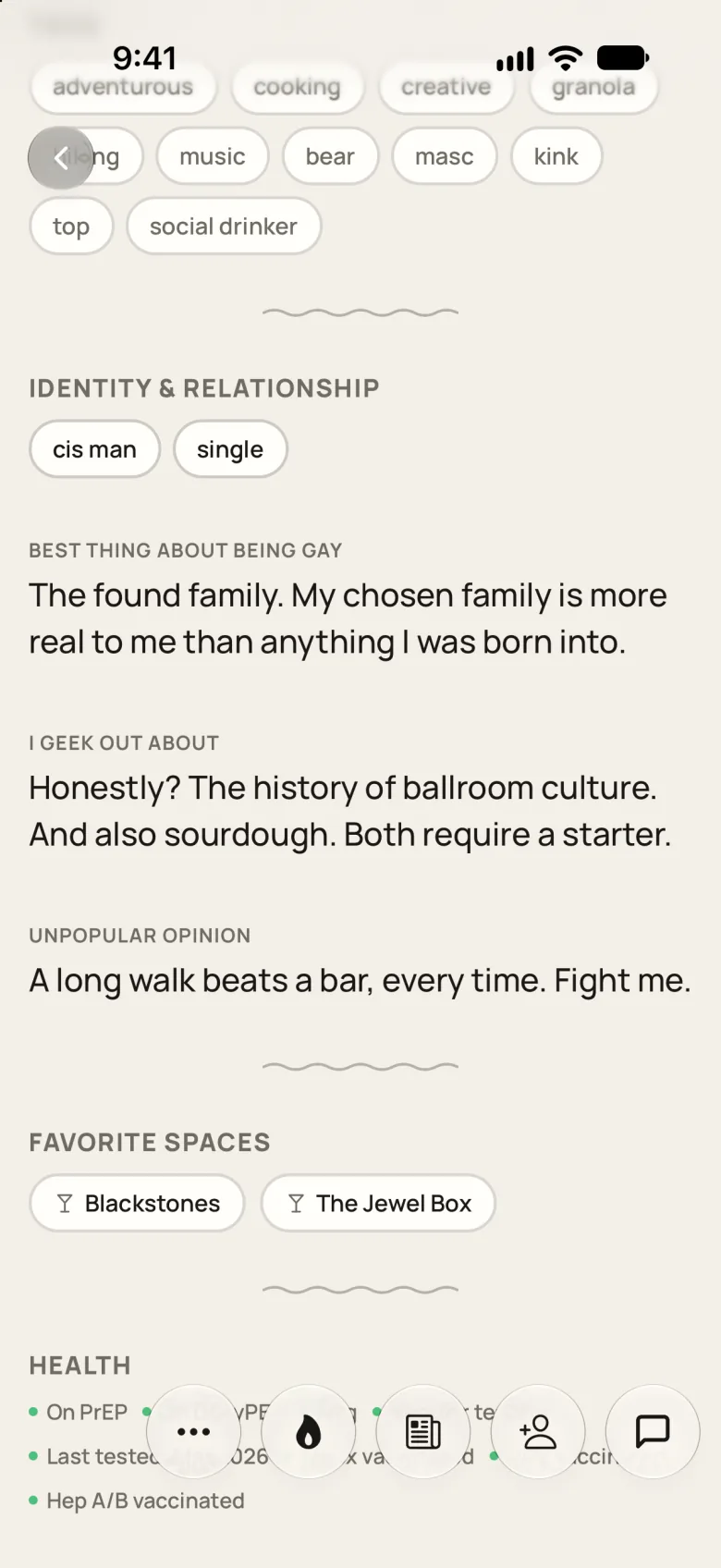 Further down Marcus’s profile: his tags, three prompts, his favorite spaces, and his health info.
