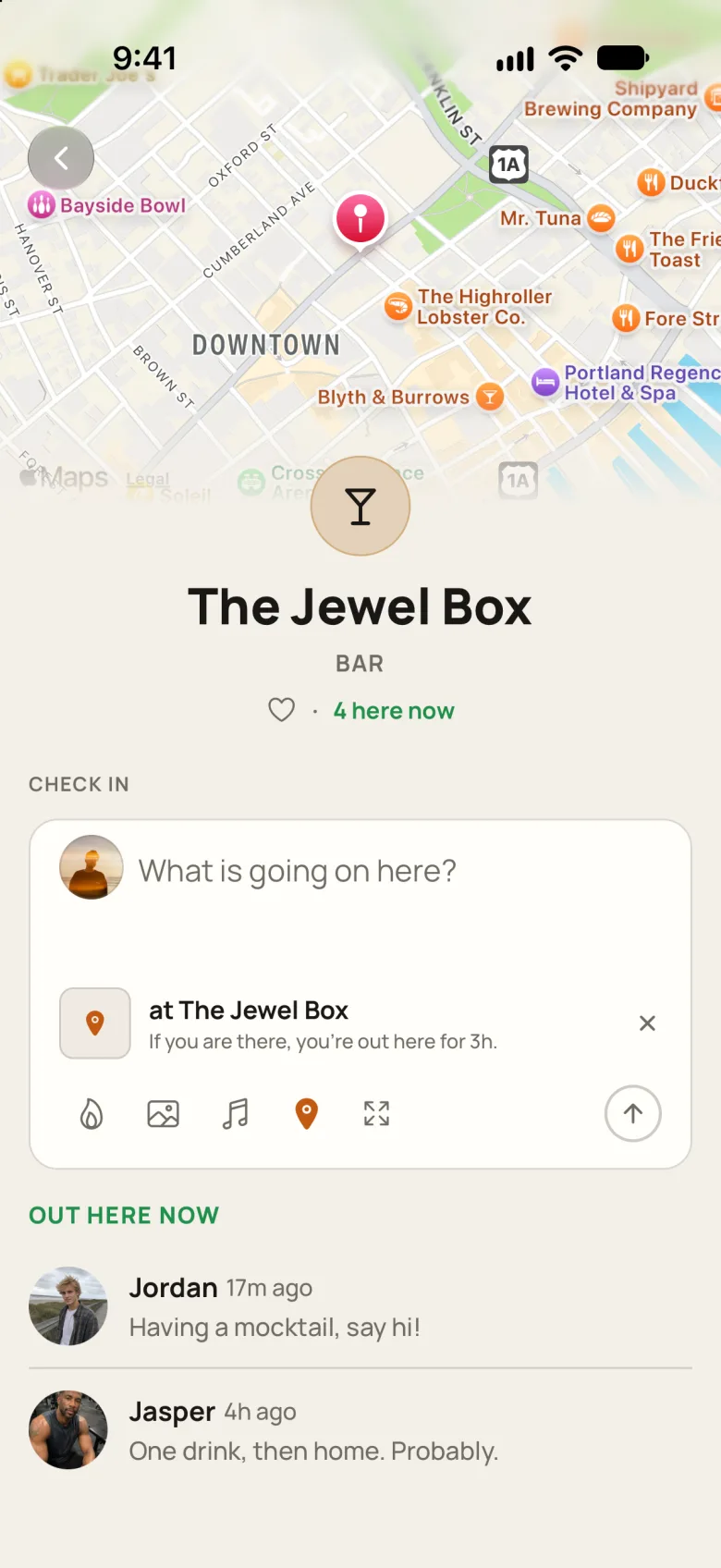 The Jewel Box, a bar, on a map with 4 here now, a check-in box, and who is out there now.