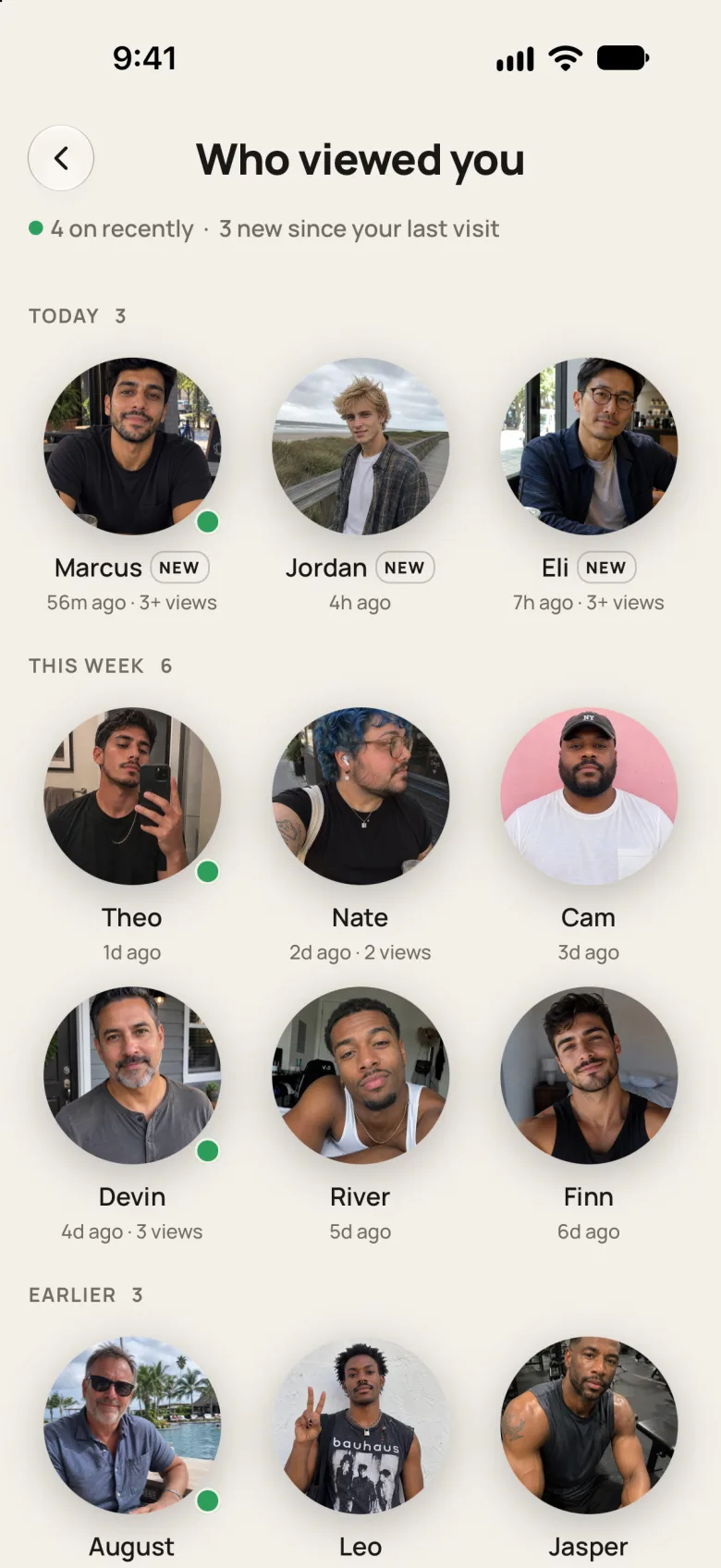 beau.plus Who viewed you, faces grouped by today, this week and earlier